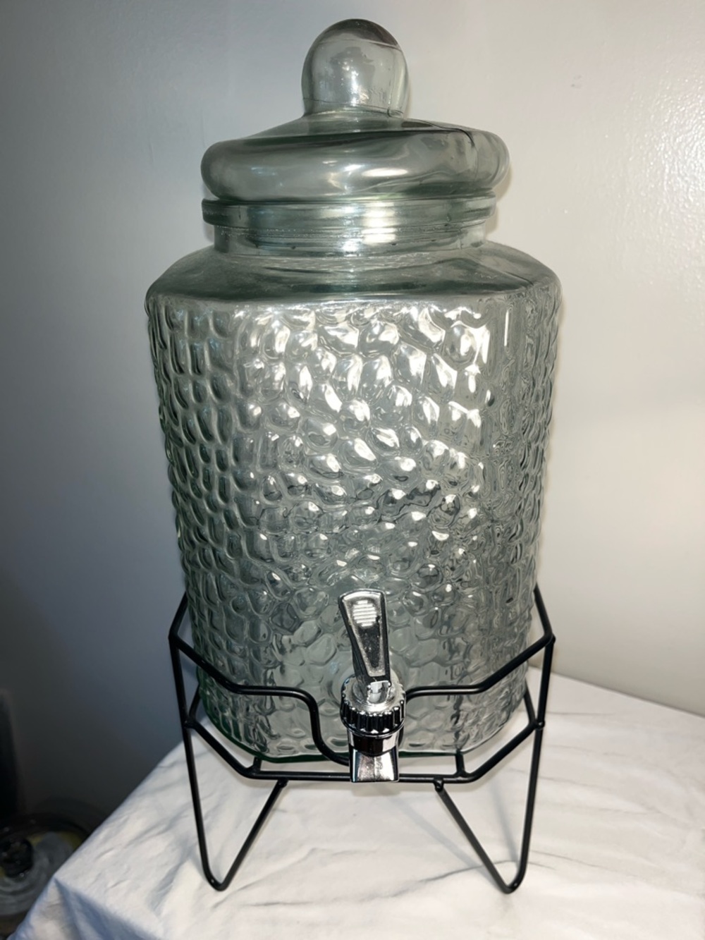 Glass Beverage Dispenser with Metal Stand - Clear Textured Glass